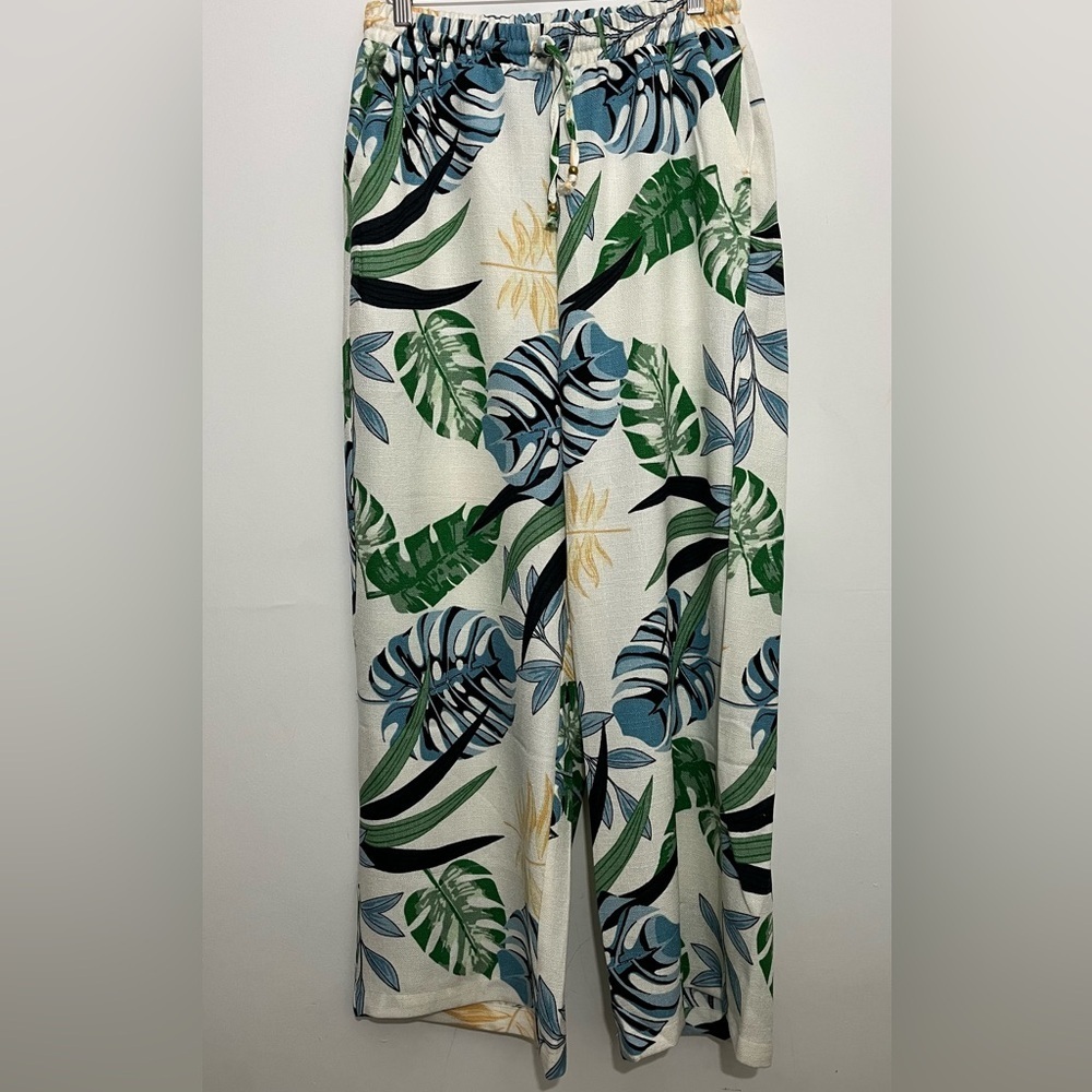 Alex & Parker Tropical Print Wide Leg Pants | Drawstring Waist | Size S - Picture 2 of 11